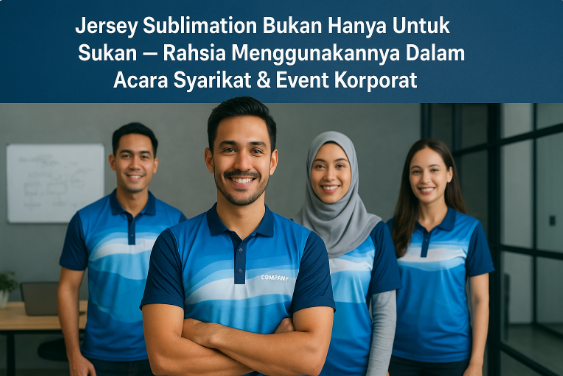Dua lelaki dan tiga wanita profesional bertudung memakai jersey sublimation korporat berdiri di pejabat moden Malaysia