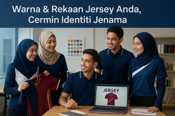 Dua lelaki dan tiga wanita profesional bertudung sedang membincangkan rekaan jersey sublimation berkolar di pejabat moden Malaysia untuk penjenamaan korporat.