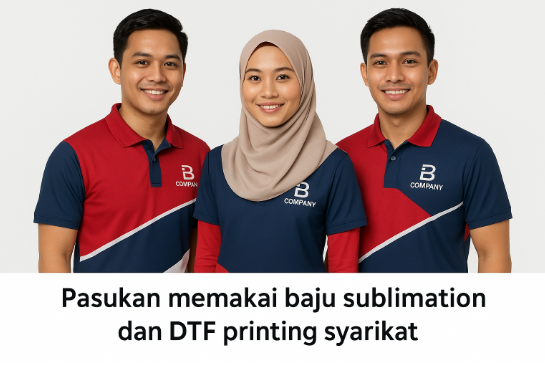 Pasukan pekerja syarikat memakai baju sublimation dan DTF printing dengan rekaan korporat merah biru menunjukkan semangat profesional dan keyakinan pasukan.