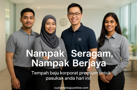 Staf syarikat pelbagai bangsa di Malaysia memakai baju korporat custom premium dengan logo syarikat daripada customebajuonline.com.