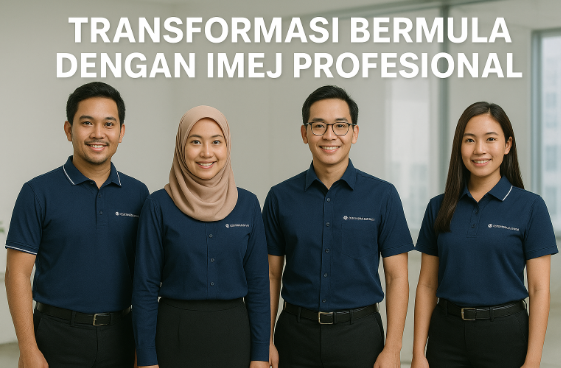 Pasukan profesional memakai baju korporat custom daripada customebajuonline.com yang menonjolkan identiti syarikat.