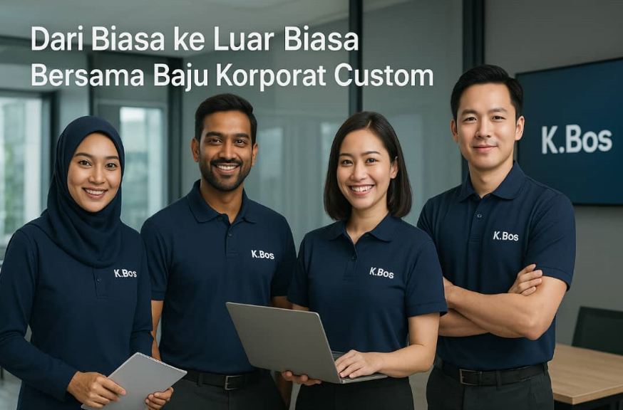 Sekumpulan staf profesional pelbagai bangsa Malaysia memakai baju korporat custom berwarna biru navy dengan logo K.Bos di pejabat moden, melambangkan keyakinan, kerjasama dan imej korporat yang profesional.